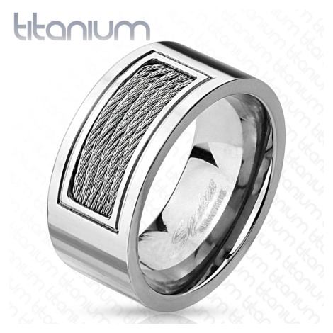 Titánový prsteň - obrúčka v striebornom prevedení zdobená kovovými drôtikmi, 10 mm - Veľkosť: 70