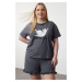 Trendyol Curve Smoked Cat Printed Knitted Pajama Set