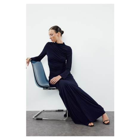 Trendyol Navy Blue Fitted High Neck Long Sleeve Flexible Maxi Knitted Dress