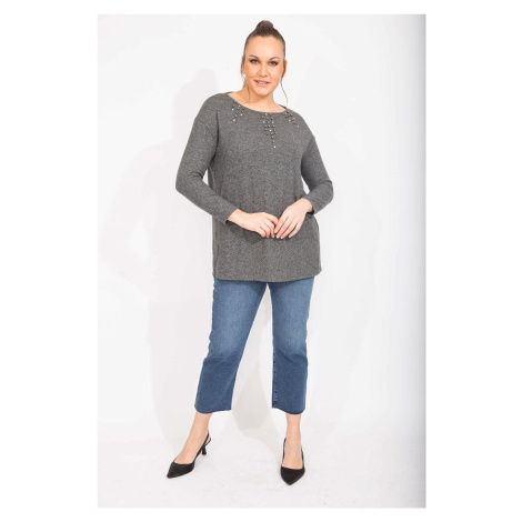 Şans Women's Smoked Plus Size Stone Detailed Wool Viscose Blouse