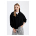 DEFACTO Women's Black Oversize Fit Wide Mold Half Zipper Basic Plain Thick Sweatshirt