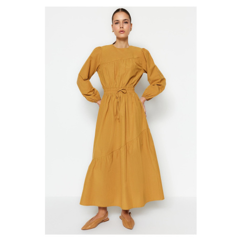 Trendyol Camel Waist Elastic Gathered Detail Cotton Woven Dress