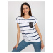 White and navy blue striped blouse with decorative pocket