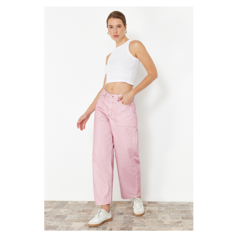 Trendyol Pink Striped High Waist Barrel Jeans