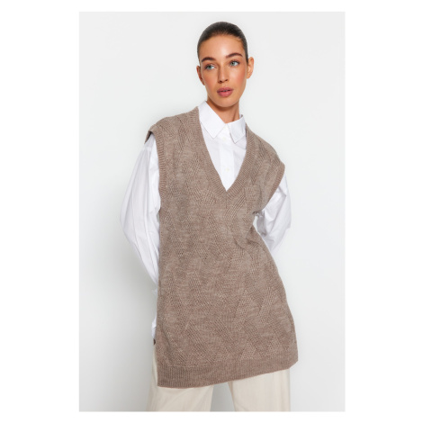 Trendyol norkový pletený vzorovaný sveter s výstrihom do V