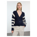 Trendyol Navy Blue Soft Texture Striped Color Block Knitwear Cardigan