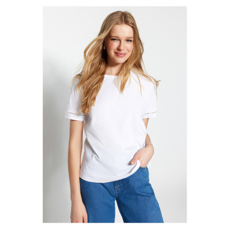 Trendyol White 100% Cotton Embroidery Detailed Basic Crew Neck Knitted T-Shirt