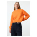 Trendyol Orange Thick Fleece Hooded Relaxed Cut Crop Knitted Sweatshirt