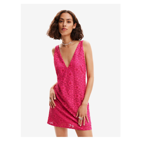 Tmavo ružové dámske krajkové šaty Desigual Lace