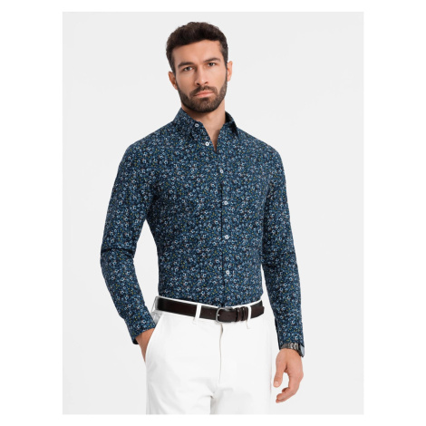 Ombre Men's SLIM FIT patterned cotton shirt - dark blue