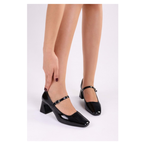 Shoeberry Women's Rylee Black Patent Leather Casual Heel Shoes