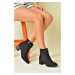 Fox Shoes Black Suede Women's Boots with Stone Detailed Thick Heels