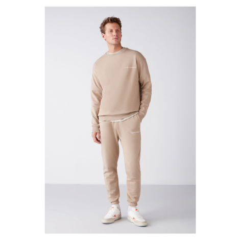 GRIMELANGE Marshall Men's Cotton Fleece Embroidered Relaxed Beige Tracksui