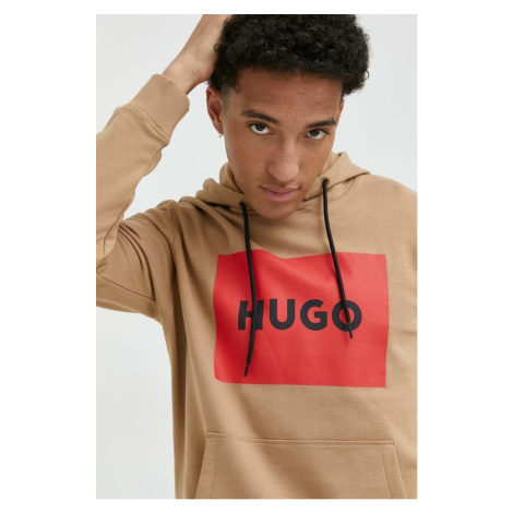 Bavlnená mikina HUGO pánska,béžová farba,s kapucňou,s potlačou,50473168 Hugo Boss