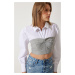 Happiness İstanbul Women's White Gray Block Color Crop Shirt Blouse