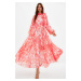 Trendyol Red Floral Patterned Lined Long Chiffon Evening Dress