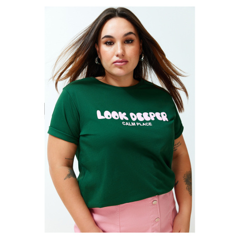 Trendyol Curve Dark Green Slogan Printed Boyfriend 100% Cotton Knitted T-shirt