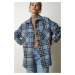 Happiness İstanbul Women's Light Blue Patterned Oversize Cachet Lumberjack Shirt