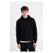 DEFACTO Black Regular Fit Hooded Text Printed Sweatshirt