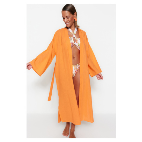 Trendyol Maxi Tkané Kimono a Kaftan s Oranžovým Pásom