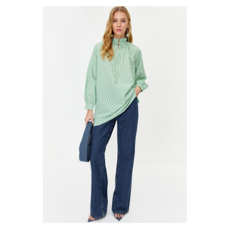 Trendyol Mint Striped Comfort Fit See-through Woven Tunic