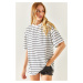 Olalook Women's White Striped 2 Thread Oversize Unisex T-Shirt