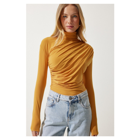 Happiness İstanbul Women's Mustard Gather Detailed High Collar Sandy Blouse