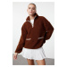 Trendyol Brown Color Blocked Plush Oversize/Wide Fit Zipper Collar Knitted Sweatshirt