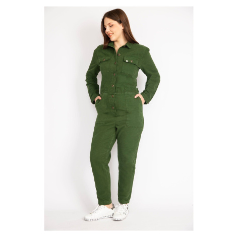 Şans Women's Green Plus Size Front Buttoned Gabardine Jumpsuit