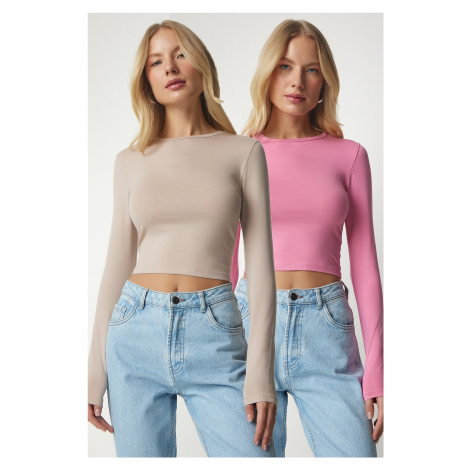 Happiness İstanbul Women's Pink Beige Basic 2-Pack Knitted Crop Blouse