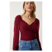 Happiness İstanbul Women's Burgundy Elastic Balloon Sleeve Sandy Knitted Blouse