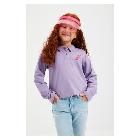 Trendyol Lilac Embroidered Girl Knitted Polo Neck T-shirt