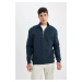 DEFACTO Men's Navy Blue Comfort Fit Stand Collar Zippered Thick Basic Plain Sweatshirt