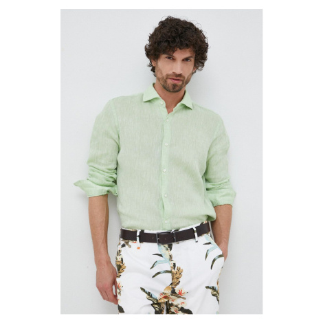 Ľanová košeľa Joop! zelená farba, slim, s talianskym golierom