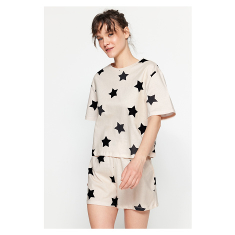 Trendyol Light Pink 100% Cotton Star Patterned T-shirt-Shorts Knitted Pajamas Set