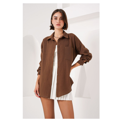 Bigdart 20153 Single Pocket Oversize Linen Shirt - Light Brown