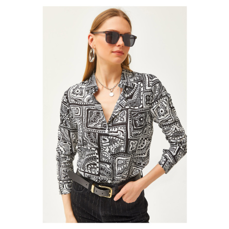 Olalook Women's Black Patch Patterned Woven Viscose Shirt