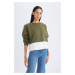 DEFACTO Women's Relax Fit Crew Neck Hem Detail Basic Plain Sweatshirt