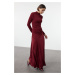 Trendyol Burgundy Fitted/Fits the Body Stand Collar Long Sleeve Flexible Maxi Knit Dress