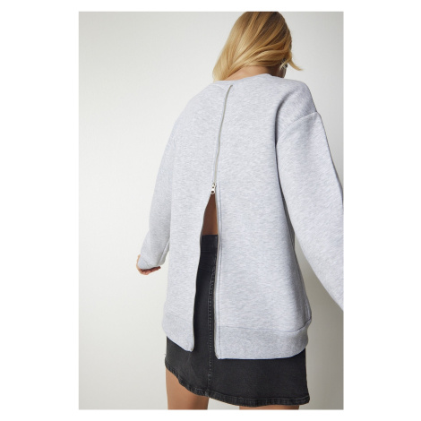 Happiness İstanbul Women's Gray Knitted Sweatshirt with a Zipper Back and Rack Sweatshirt