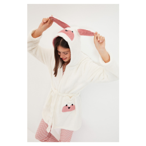 Trendyol Ecru Belted Animal Figure Pocketed Hooded Wellsoft Knitted Dressing Gown