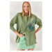 Olalook Mustard Green Palm Sequin Detail Oversized Woven Poplin Shirt