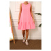 armonika Women's Neon Pink Linen Look Textured Sleeveless Frilly Skirt Dress