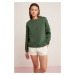 GRIMELANGE Vaneltina Women's Polar Fleece 3 Thread Organic Cotton Oversize Basic Crew Neck Green