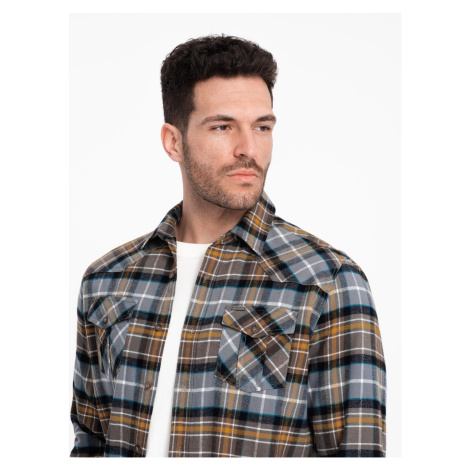 Ombre Men's checkered flannel shirt with pockets - gray-yellow