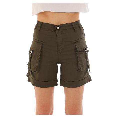 BİKELİFE Khaki Cargo Pocket High Waist Stretchy Denim Shorts