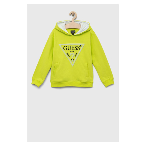 Detská bavlnená mikina Guess zelená farba, s nášivkou