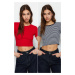 Trendyol Navy Blue Striped-Red Plain 2-Pack Fitted/Simple Crop Corduroy Knit Blouse