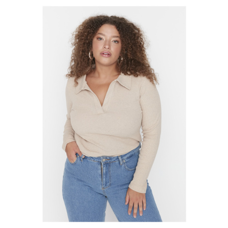 Trendyol Curve Beige Fitted Ribbed Shirt Collar Snap Snap Knitted Bodysuit