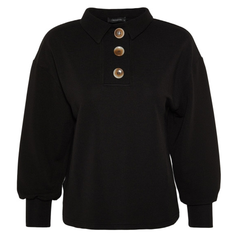 Trendyol Black Button Detailed Loose Knitted Sweatshirt
